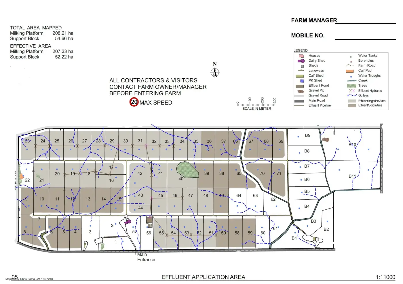 Detailed farm plan showing numbered paddocks, lanes, water and effluent infrastructure, and effluent application areas