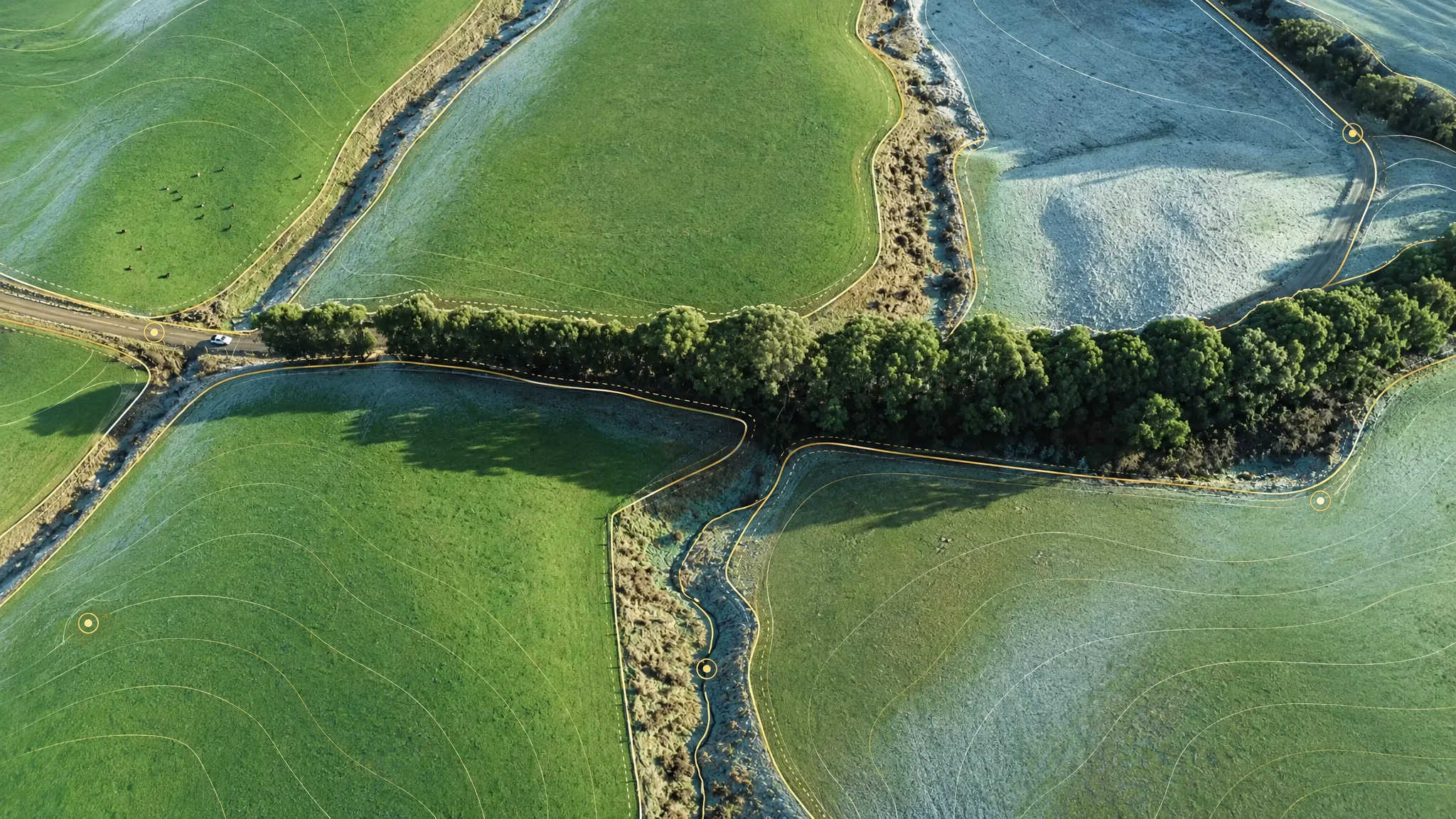 Aerial view of Southland farmland with illustrative mapping lines